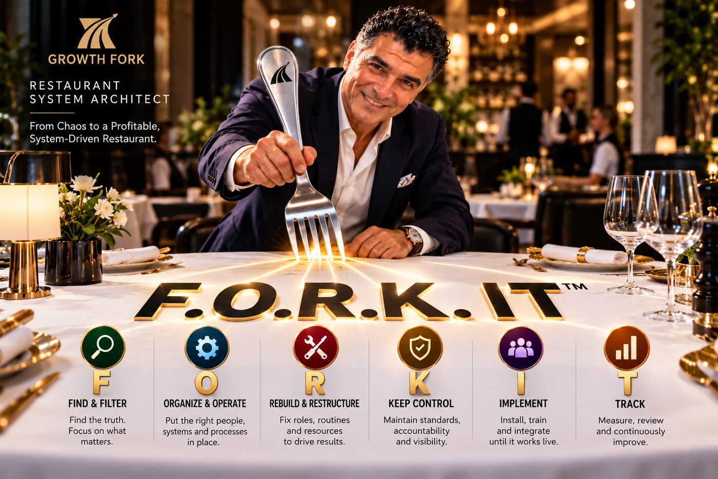 Murat Yilmaz, Restaurant System Architect, with the six F.O.R.K. IT stages: Find & Filter, Organise & Operate, Rebuild & Restructure, Keep Control, Implement, Track